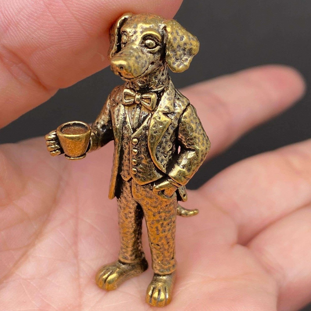 Brass Dog Drinking Coffee Figurine Dapper Gentleman Whimsical Dog Lover Gift